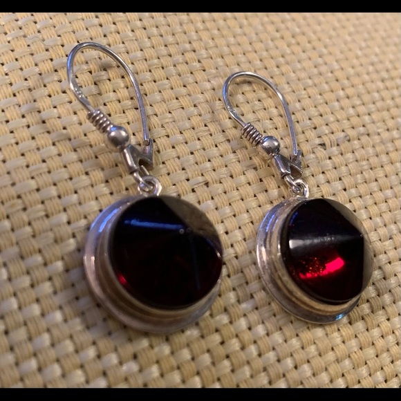 Jewelry - Vintage Sterling Silver Red Crystal Drop Earrings